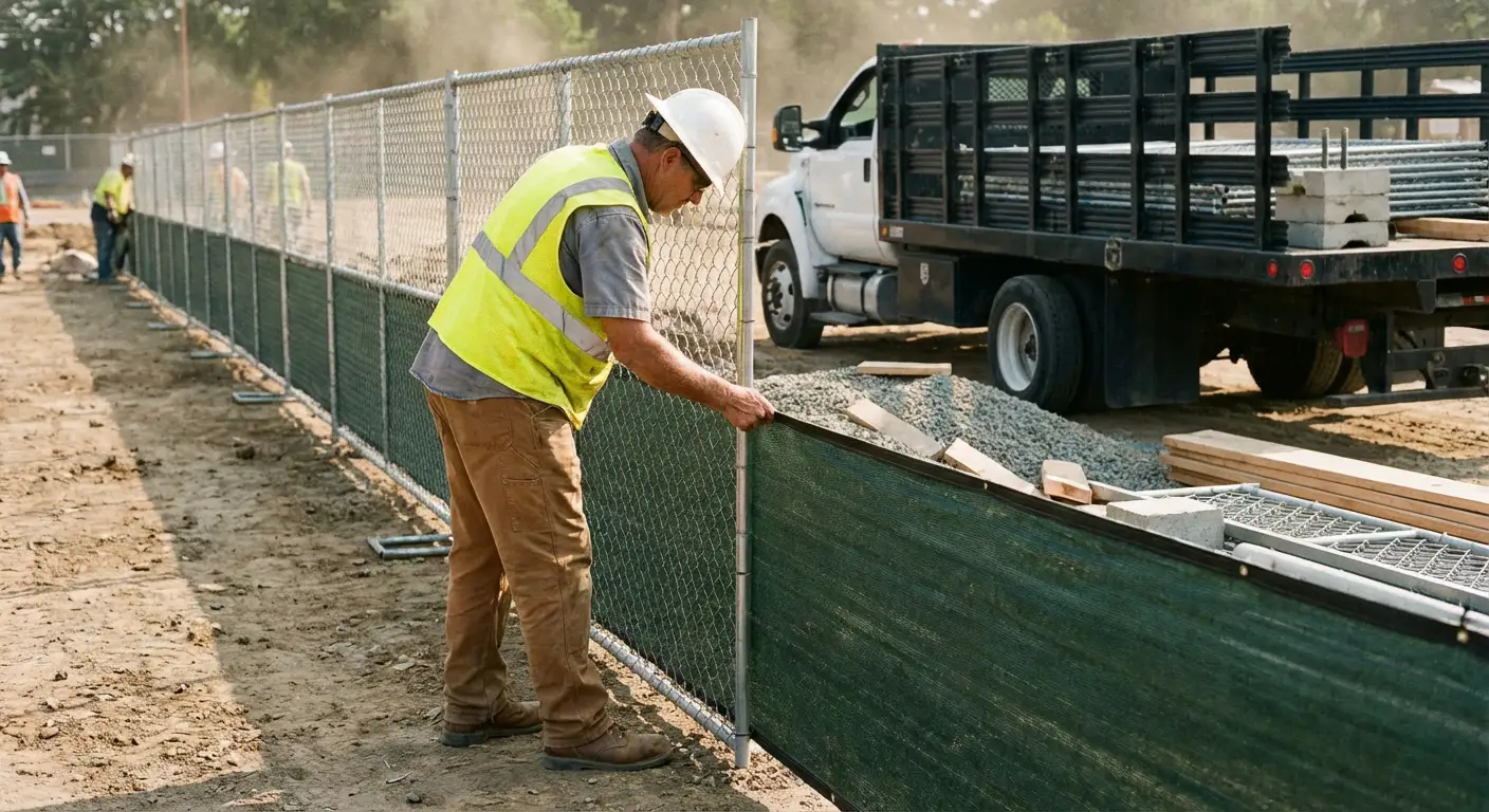 Privacy windscreen installation on construction fence in Yorba Linda, CA